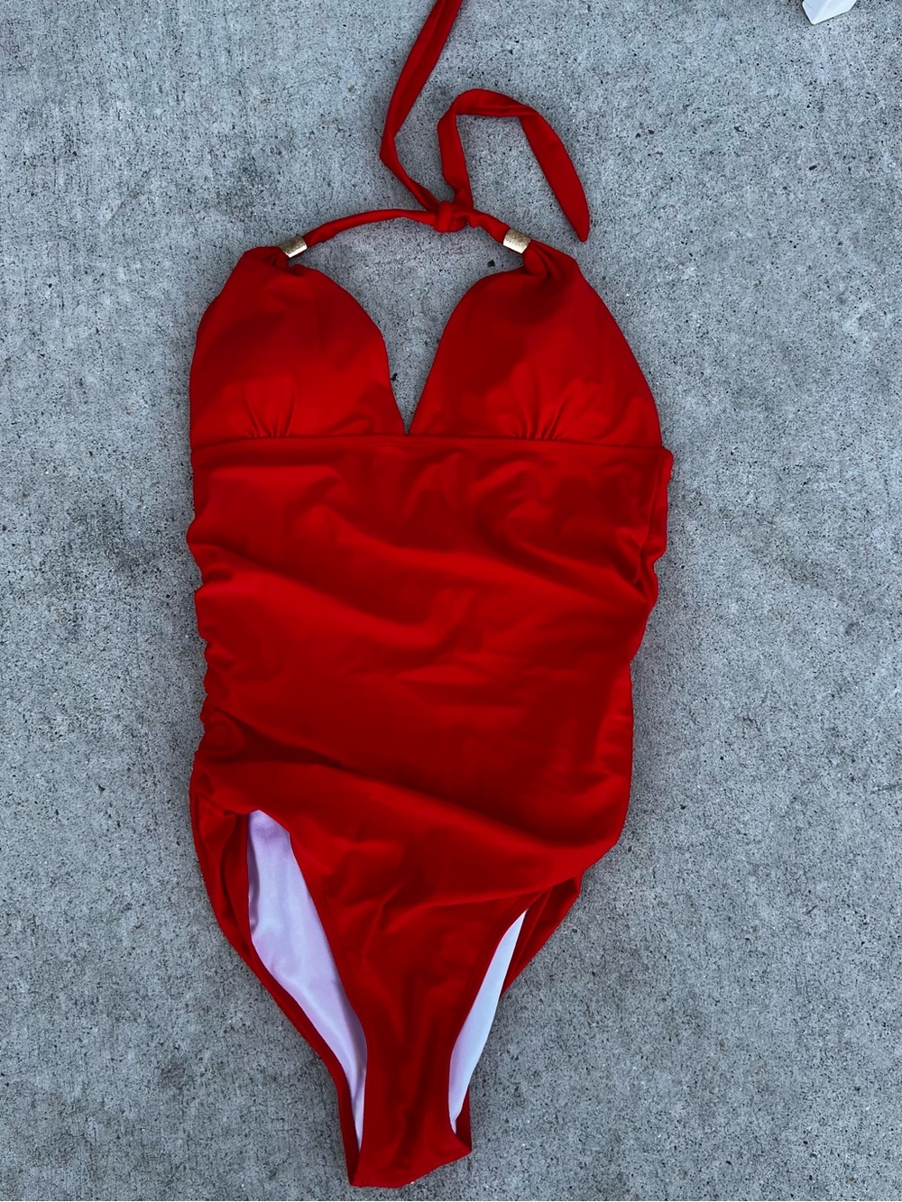 Fashion Nova Red Ruched Halter One-Piece Swimsuit